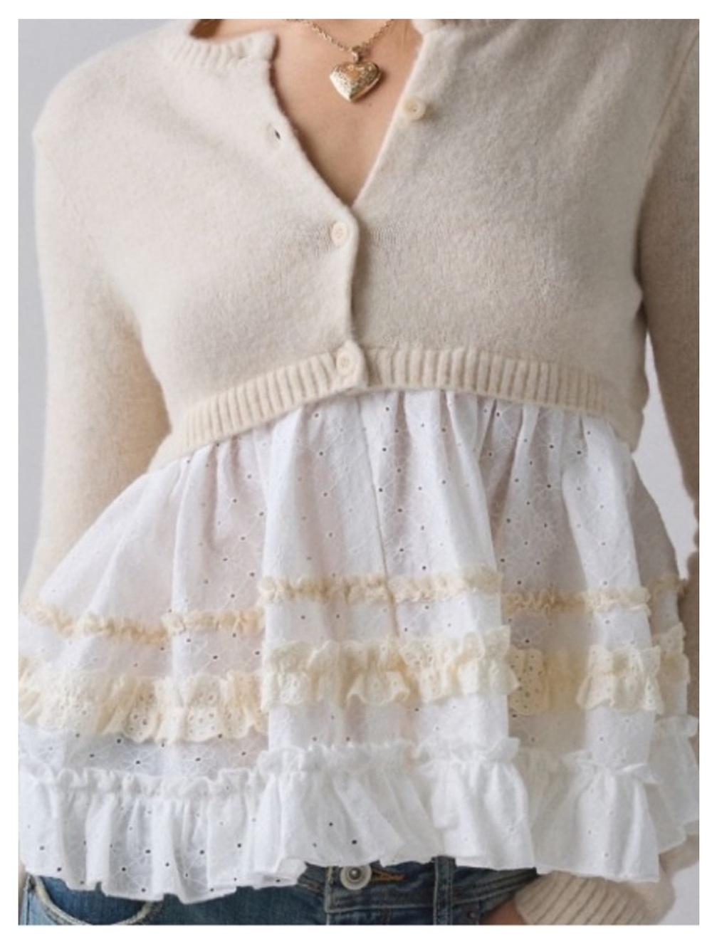 🟤NWT KIMCHI BLUE Monical Mixed Media Ruffle Peplum Cardigan in Antique White XS - Picture 3 of 5